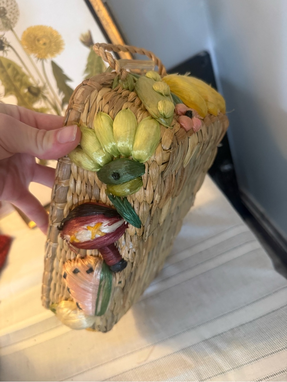 Vintage Cottagecore Handwoven Cookware Basket Duo with Pastel Floral Mushrooms - Picture 5 of 9